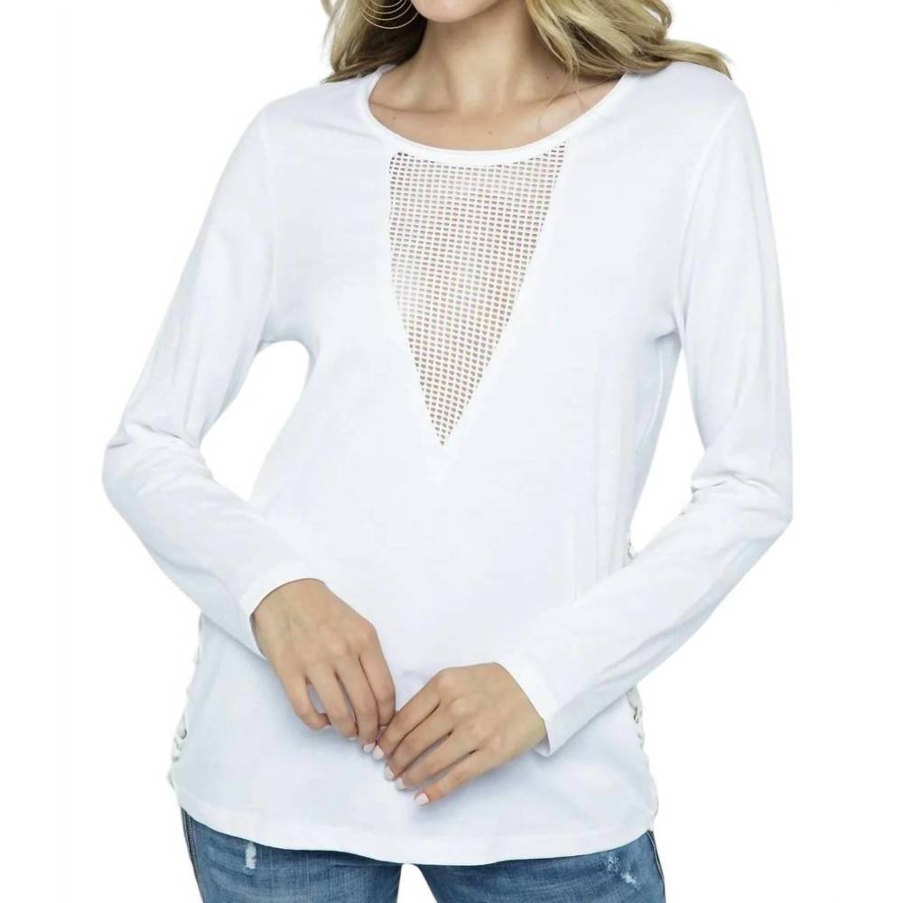 NEW VOCAL APPAREL lace up side deep v long sleeve top in white